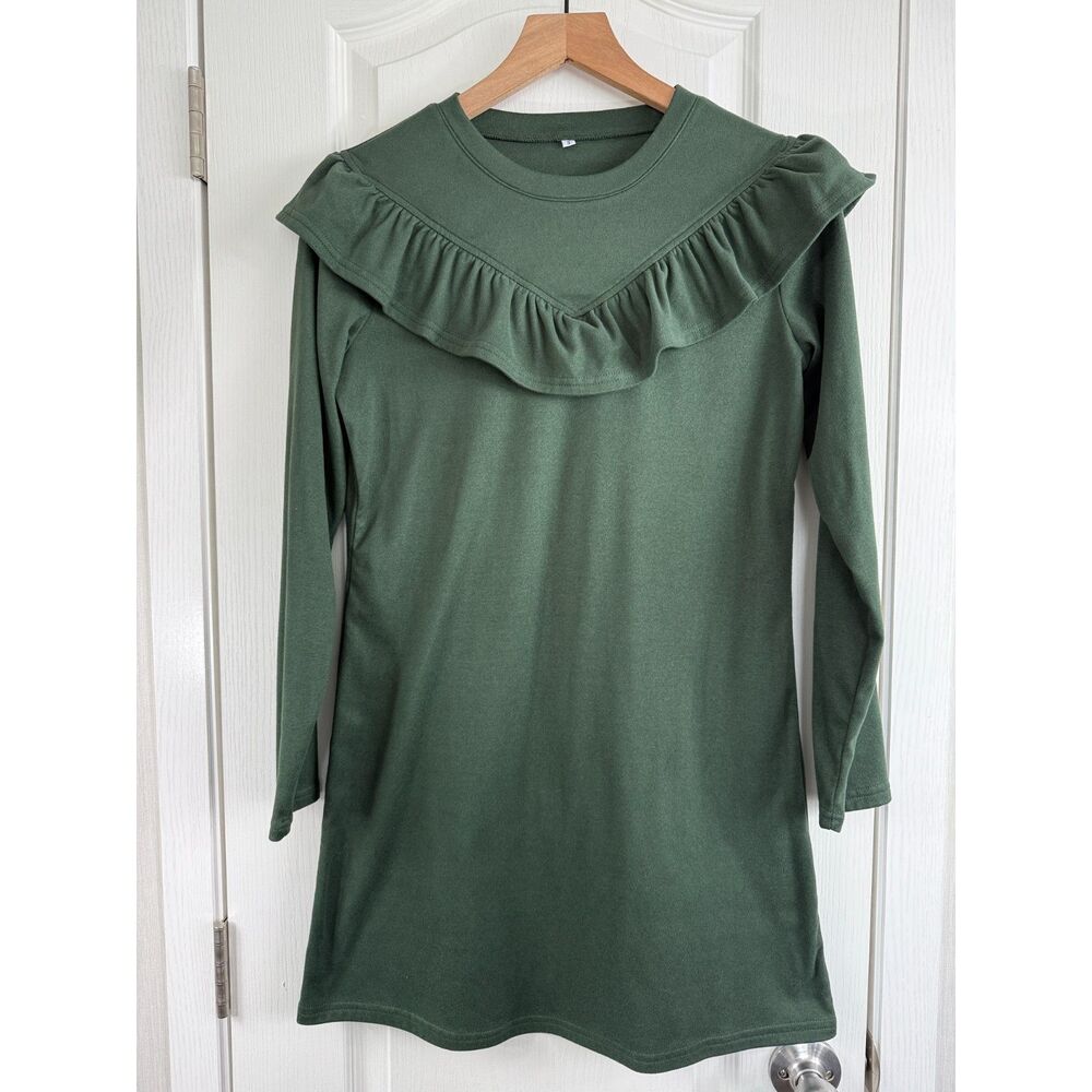 Women's Green Long Sleeve Mini Dress Ruffle Shoulder Chest Detail Size S